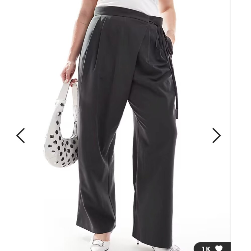 ASOS DESIGN Curve tailored wide leg pants with wrap tie detail in gray size 20
